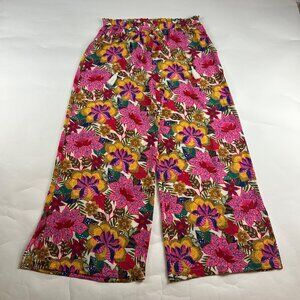 Rose + Olive Bright Floral Textured Crepe Wide Leg Pant L